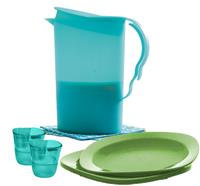 2 L Pitcher, 4  plates, 2 tumblers